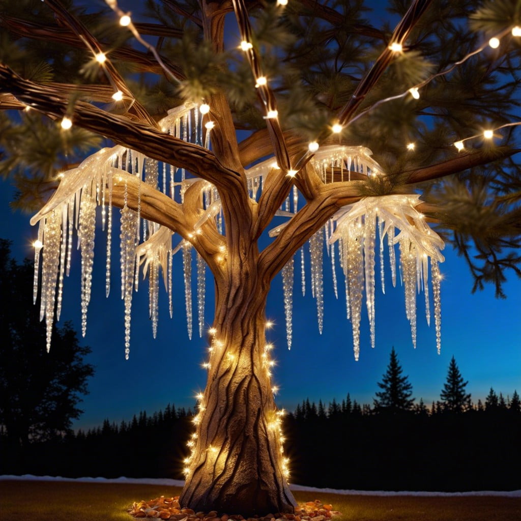cascading icicle strand lights wrapping around the trunk and branches