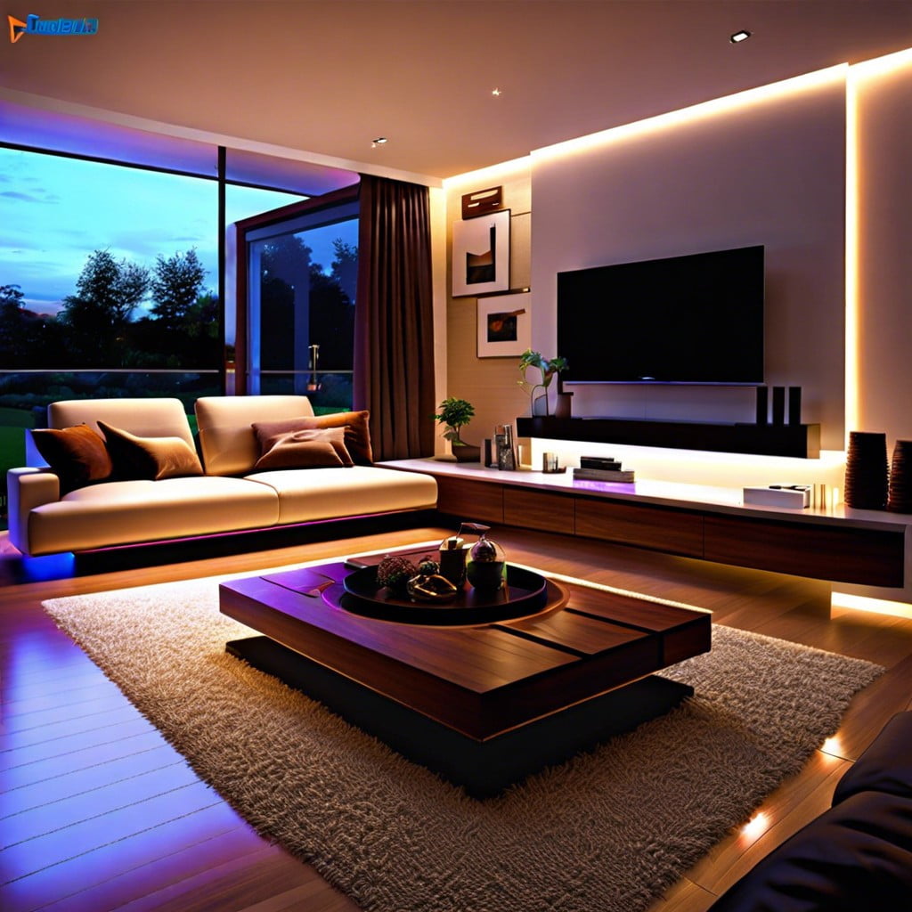led strip lighting around the base of the ceiling for a floating effect