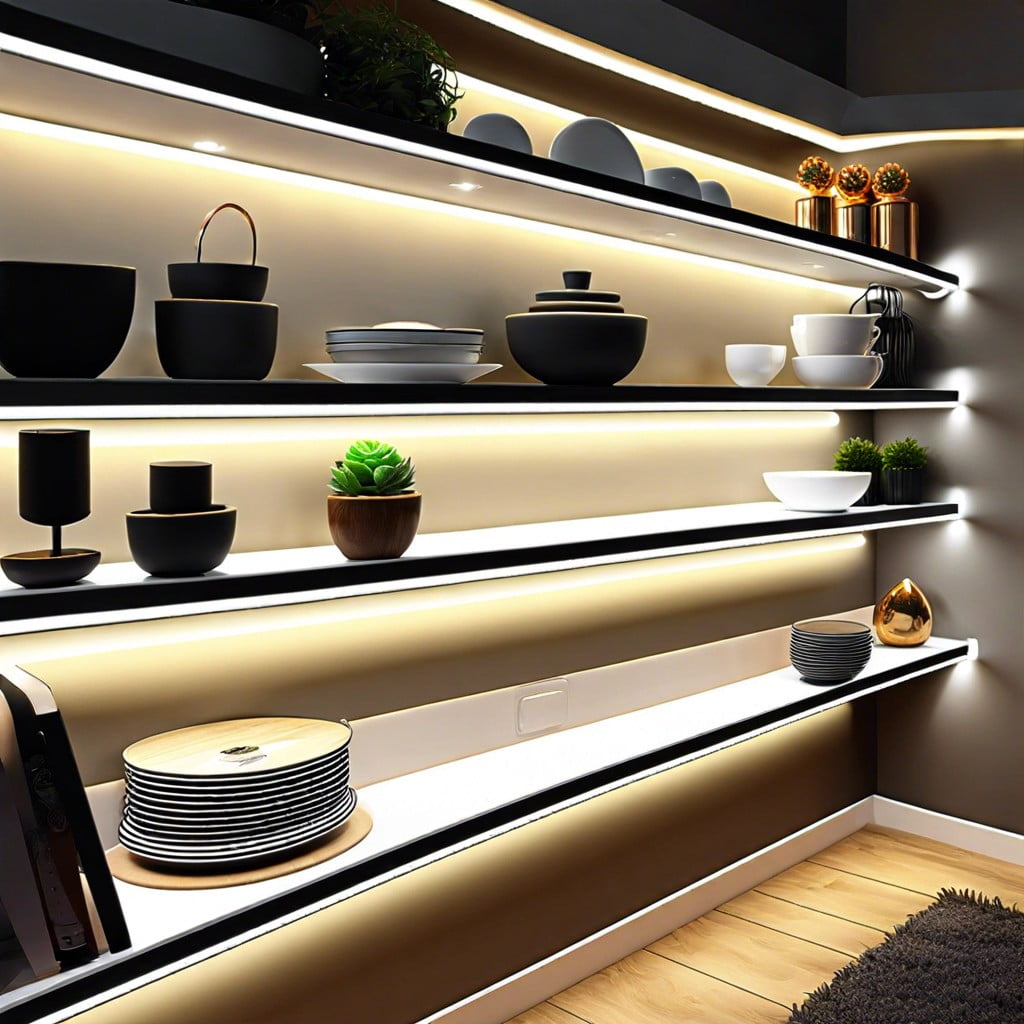led strip lights under each shelf
