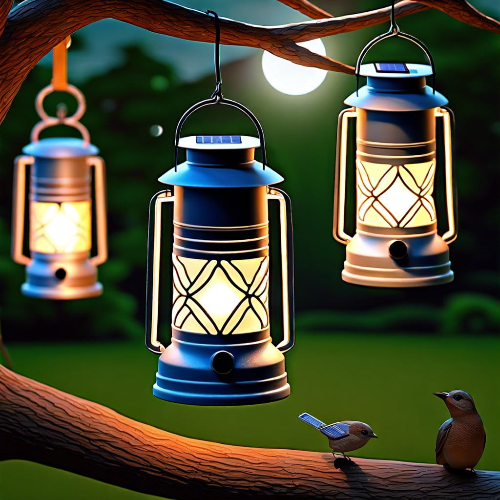 solar lanterns hanging from tree branches