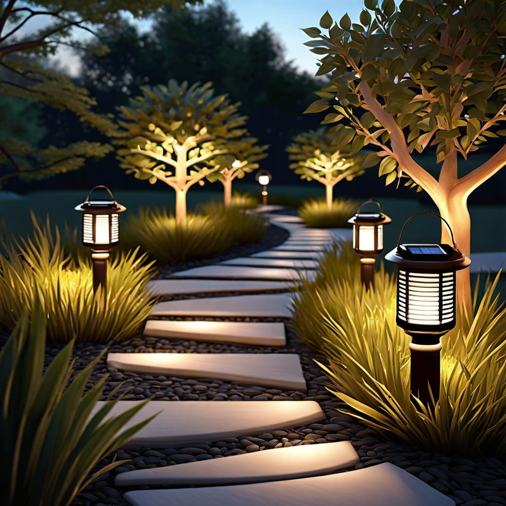 solar powered lanterns along pathways