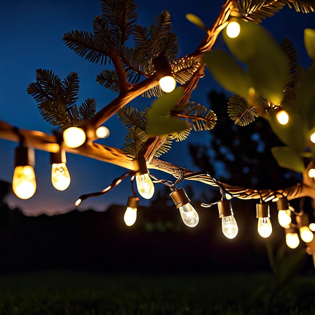 solar powered string lights on branches