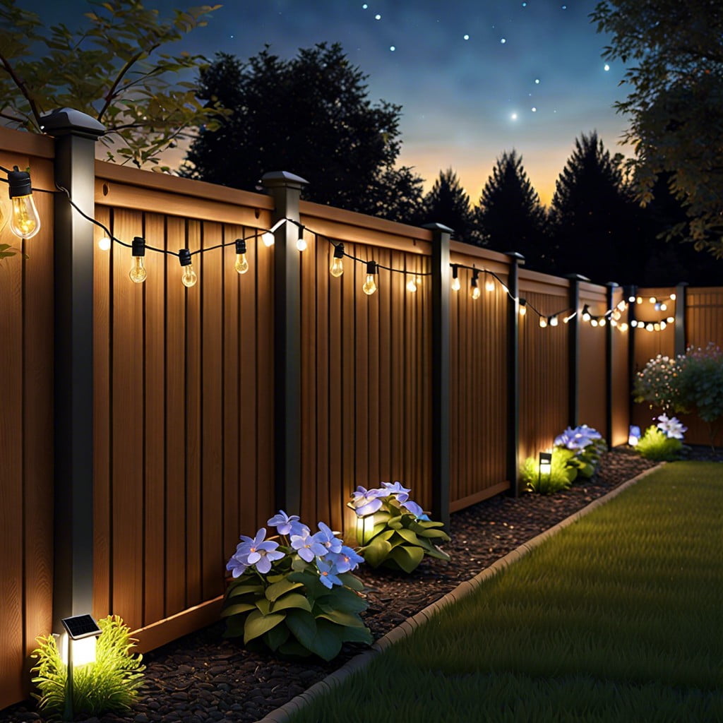 solar string lights draped along the fence top