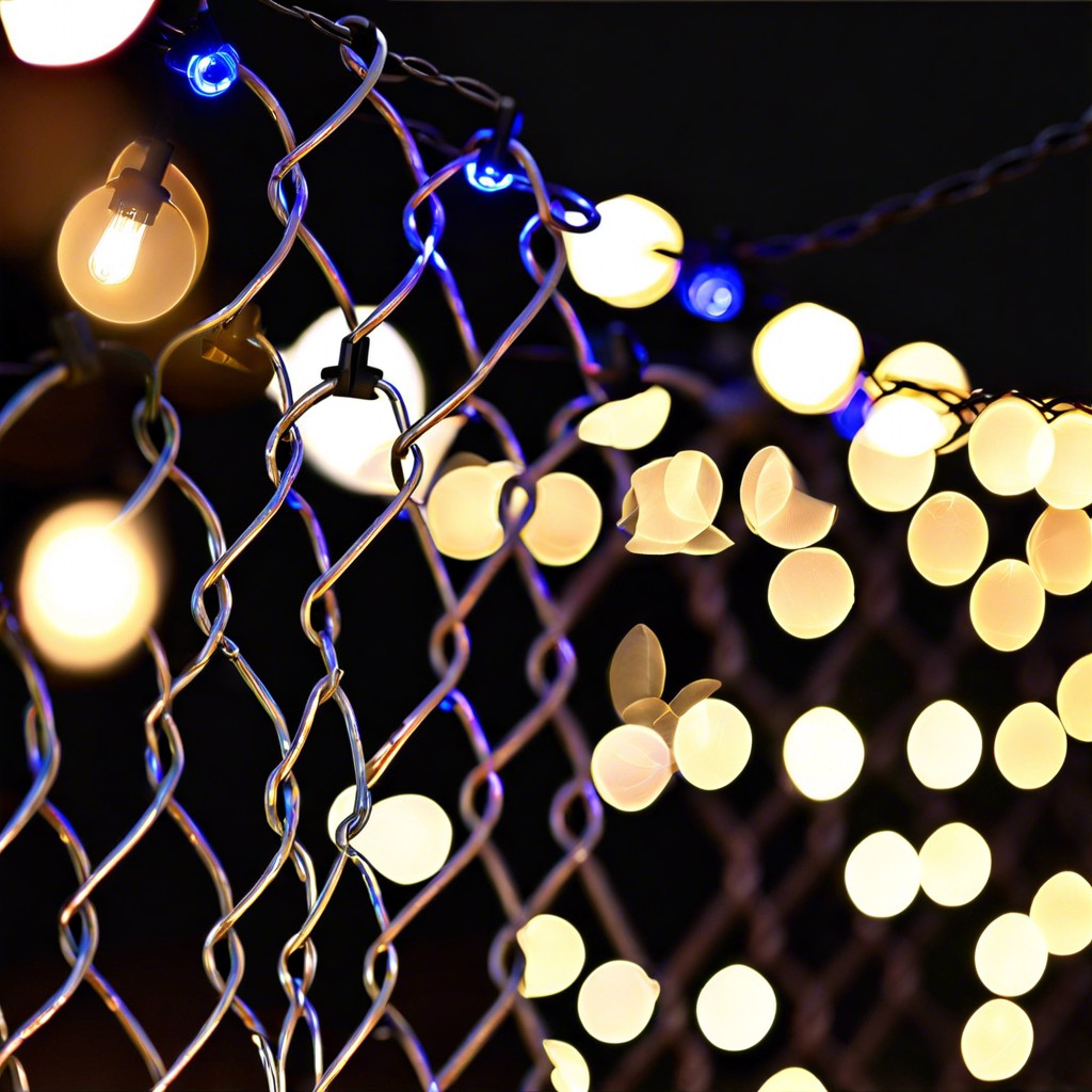 fairy light strands wrapped around fence links